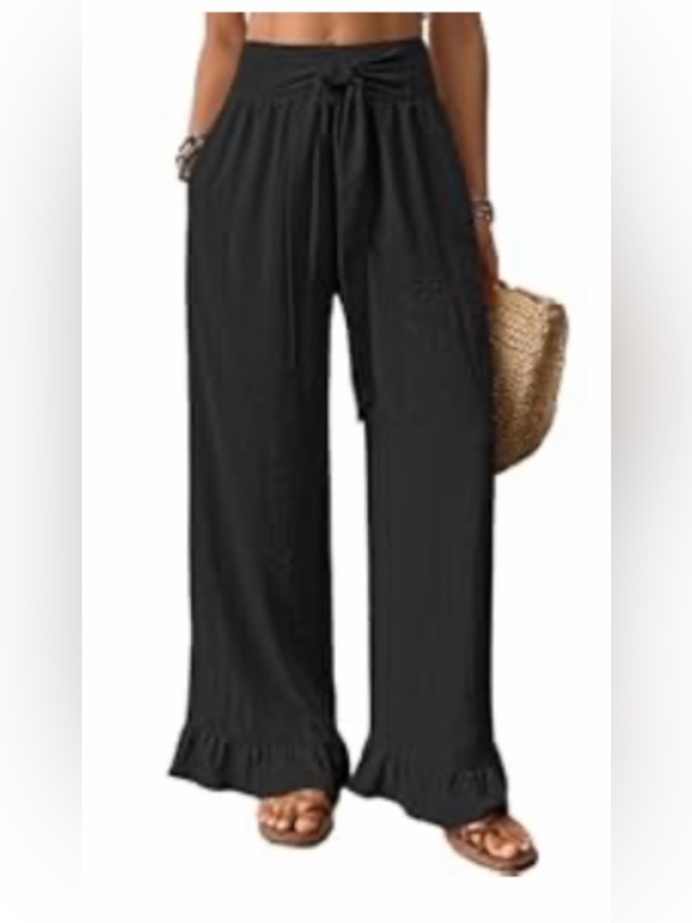 Women's Black Ruffle Wide-Leg Tie-Waist Pants